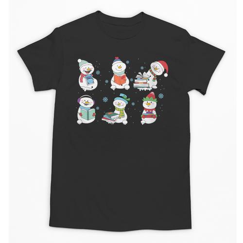 Reading Snowman Christmas Book Lovers Bookworm Librarian Unisex T-Shirt - Bookorys