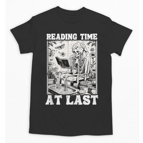 Reading Time At Last Book Lover Introvert Skeleton Reading Unisex T-Shirt - Raresse