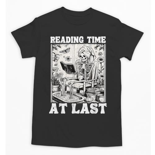 Reading Time At Last Book Lover Introvert Skeleton Reading Unisex T-Shirt - Raresse