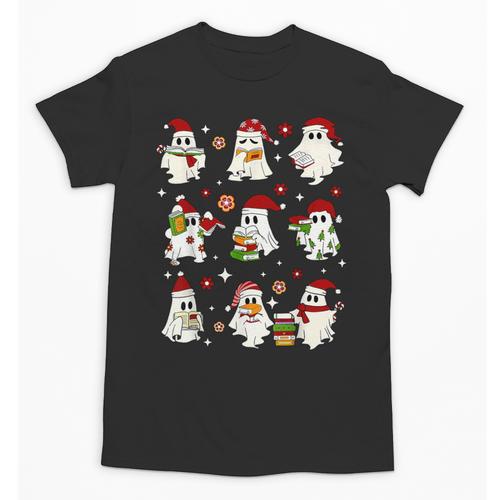 Santa Ghost Reading Books Christmas Library Teacher Unisex T-Shirt - Bookorys