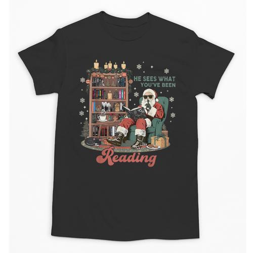 He Sees What You'Ve Been Reading Santa Christmas Bookish Unisex T-Shirt - Bookorys CA