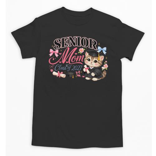 Senior Mom Class Of 2027 Cute Cat Graduation Pink Bows Girls Unisex T-Shirt - Best Gift Smart