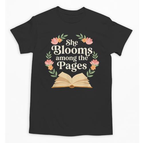 She Blooms Among The Pages Women Mom Wife Floral Book Quote Unisex T-Shirt - Bookorys