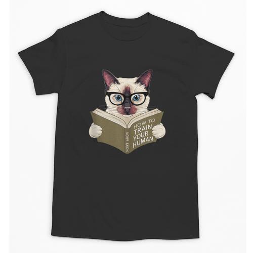 Siamese Cat Reading Book How To Train Your Human Humorous Unisex T-Shirt - Bookorys AU