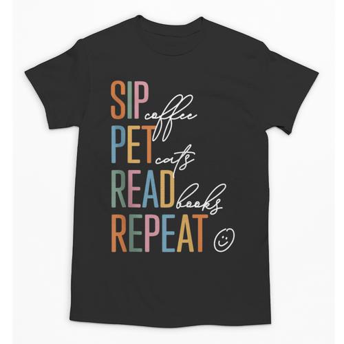 Sip Coffee Pet Cats Read Books Repeat Book Cat Lover Unisex T-Shirt - Bookorys UK