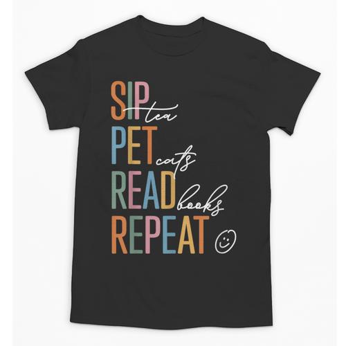 Sip Tea Pet Cats Read Books Repeat Book Cat Lover Unisex T-Shirt - Bookorys