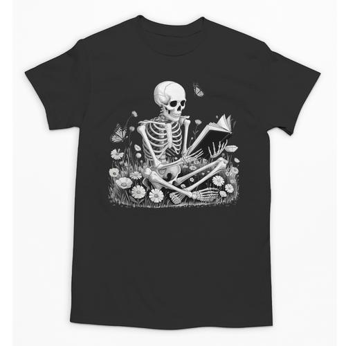 Skeleton Reading Book Floral Dark For Book Lovers Unisex T-Shirt - Bookorys CA