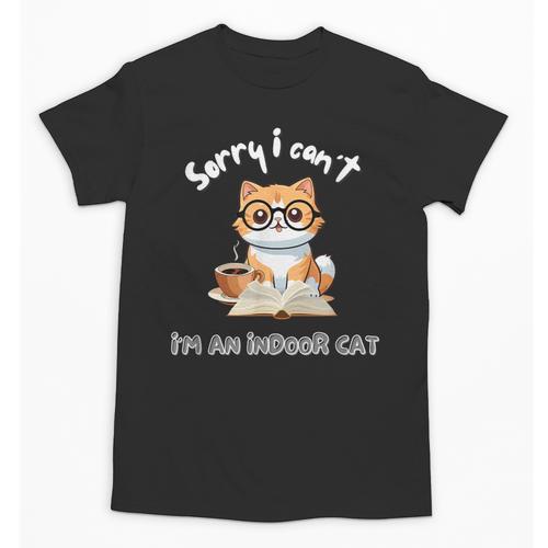 Sorry I Can't Indoor Cat Top For Introvert With Coffee Book For Men Women Kids Unisex T-Shirt - Raresse