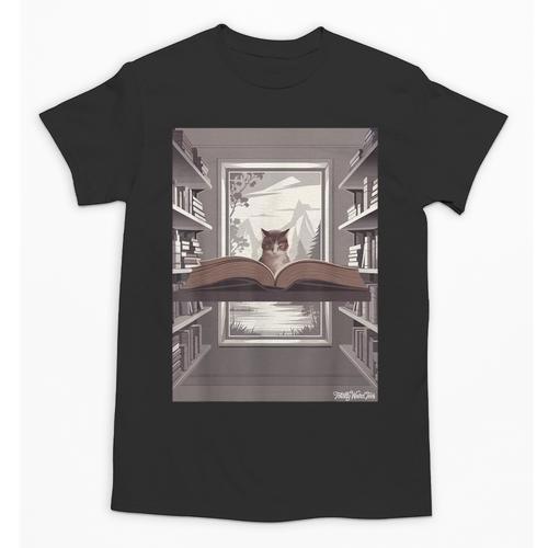 Totally Weird Tees Cat Library Book Reading Literary Unisex T-Shirt - Bookorys