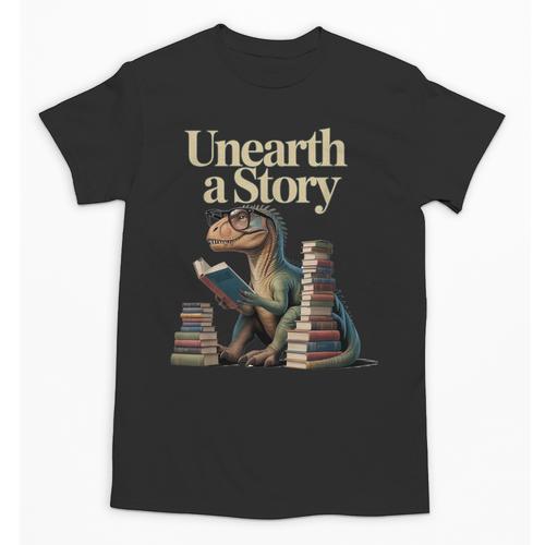 Unearth A Story Dinosaur Reading a Library Book Unisex T-Shirt - Bookorys DE