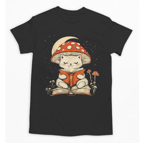 Women's Cottagecore Mushroom Cat Reading a Book Unisex T-Shirt - Bookorys AU