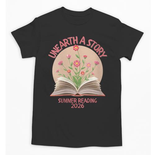 Women's Unearth a Story 2026 Summer Reading Program Flowers Book Unisex T-Shirt - Bookorys