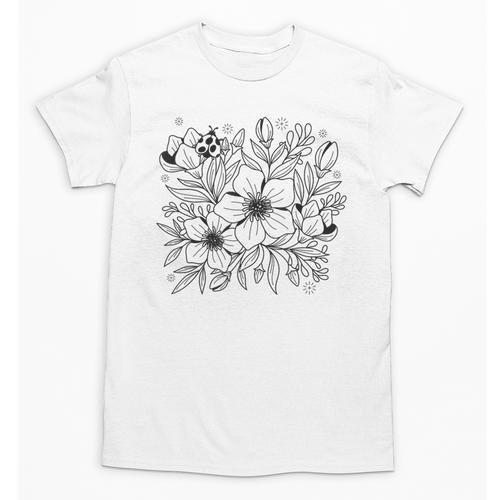 Adult Coloring Book Style Flowers And Ladybug Self Coloring Unisex T-Shirt - Bookorys