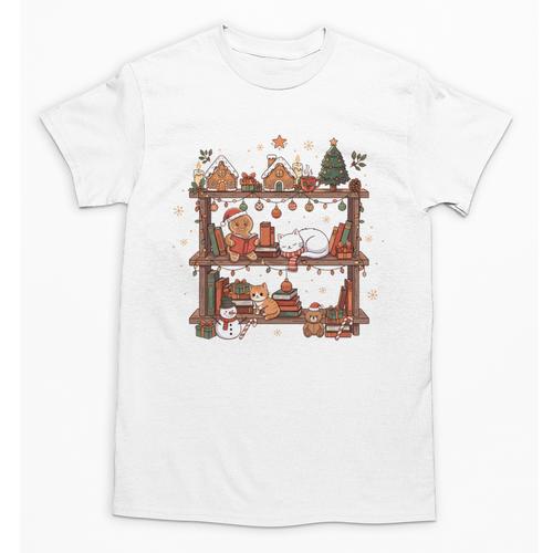 Christmas Cats Bookshelf Gingerbread Unisex T-Shirt - Bookorys