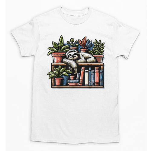 Cosy Sloth In Bookshelf With Plants Unisex T-Shirt - Bookorys