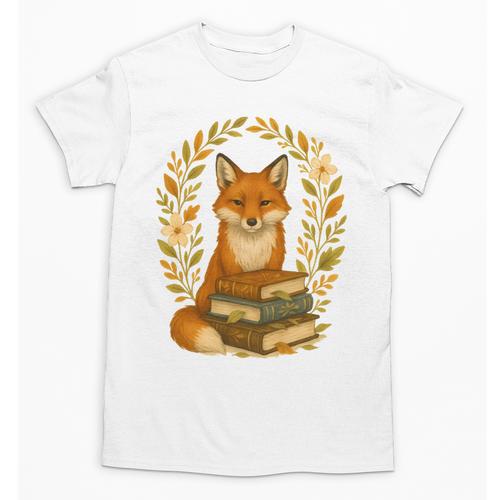 Cottagecore Whimsical Woodland Red Fox Behind Stack Of Books Unisex T-Shirt - Bookorys AU