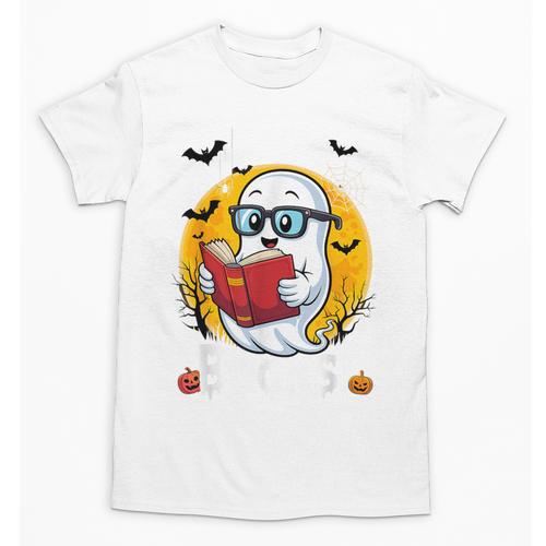 Cute Ghost Reading Book Retro Halloween Librarian Unisex T-Shirt - Bookorys UK