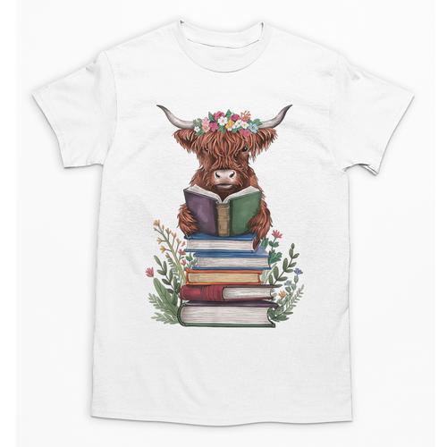Cute Highland Cow With Book Floral Bookworm Librarian Book Unisex T-Shirt - Bookorys DE