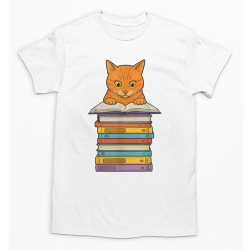 Cute Orange Tabby Cat Reading On Pile Of Books Unisex T-Shirt - Bookorys
