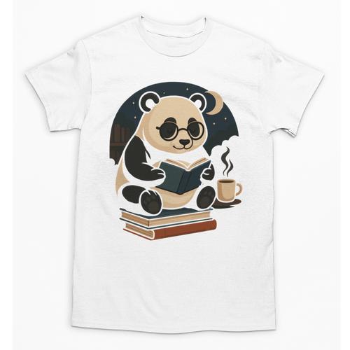 Cute Panda Reading Book Under Moon Bookworm Coffee Lover Unisex T-Shirt - Bookorys