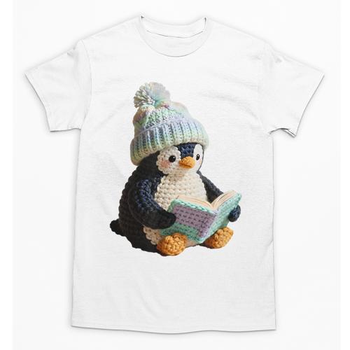 Cute Penguin Reading Book Faux-Crochet Print Unisex T-Shirt - Bookorys