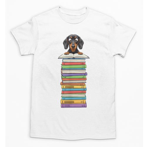 Cute Wiener Dog Dachshund Reading On Pile Of Books Unisex T-Shirt - Bookorys DE