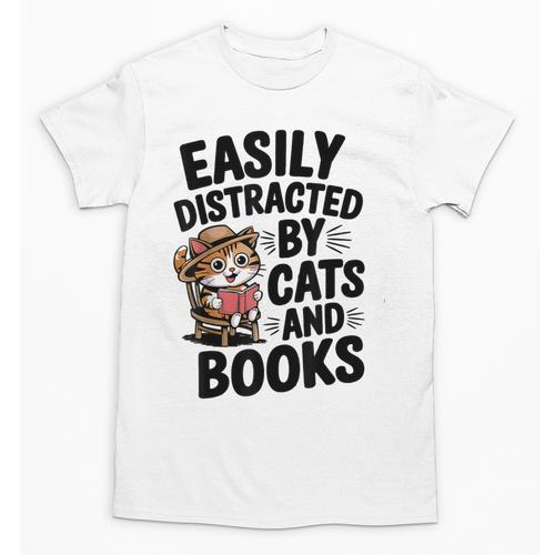 Easily Distracted By Cats And Books Lovers Reading Unisex T-Shirt - Bookorys AU