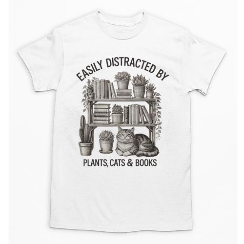 Easily Distracted By Plants Cats & Books Planting Gardening Unisex T-Shirt - Bookorys