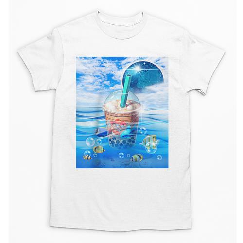 Frutiger Aero Aesthetic Tech Bubble Tea Boba Milktea Fishes Raglan Baseball Tee Unisex T-Shirt - Figerry
