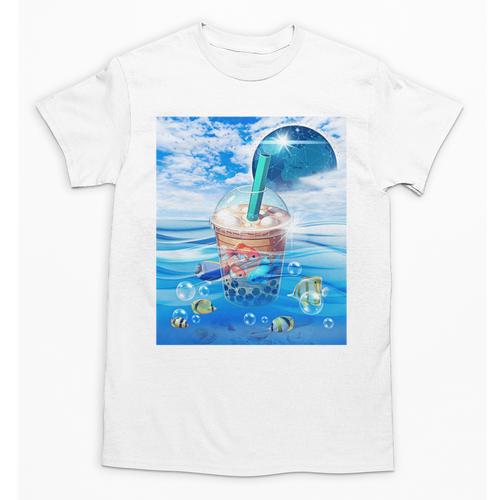 Frutiger Aero Aesthetic Tech Bubble Tea Boba Milktea Fishes Unisex T-Shirt - Figerry