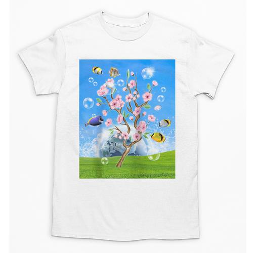 Frutiger Aero Aesthetic Tech Cherry Blossom Fishes Bubbles Raglan Baseball Tee Unisex T-Shirt - Figerry