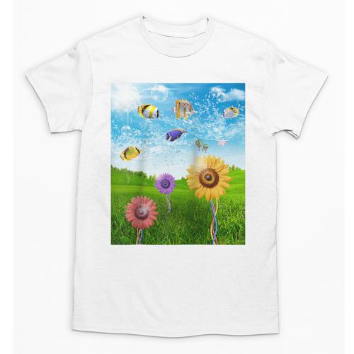 Frutiger Aero Aesthetic Tech Scenery Fishes Sunflower Raglan Baseball Tee Unisex T-Shirt - Figerry