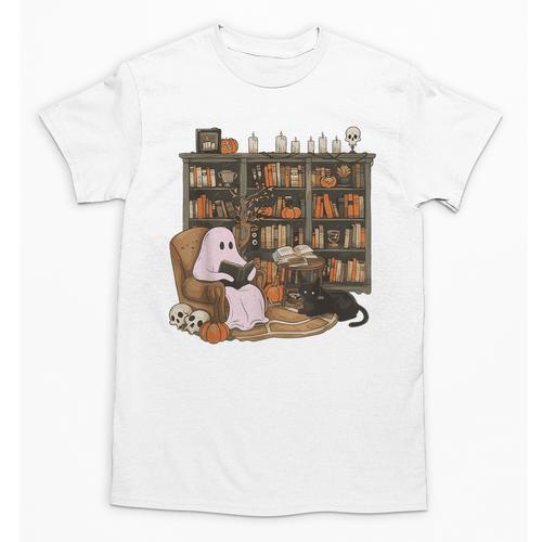 Ghost Reading Book Cat Lover Halloween Reading Enthusiast Unisex T-Shirt - Bookorys