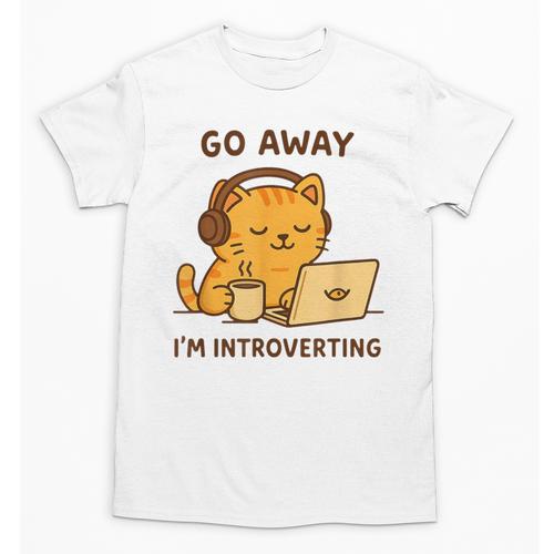 Go Away I'm Introverting Cozy Cat With Laptop And Coffee Unisex T-Shirt - Raresse