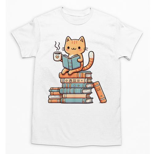 Kawaii Cat Coffee Books Teacher Men Women Girls Kids Unisex T-Shirt - Bookorys AU