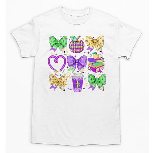 Mardi Gras Teacher Coquette Bow Pencil Apple Book Women Girl Unisex T-Shirt - Bookorys