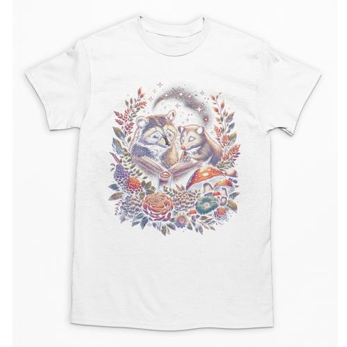 Opossum Racoon Floral Book Lover Cottagecore Fairycore Unisex T-Shirt - Bookorys