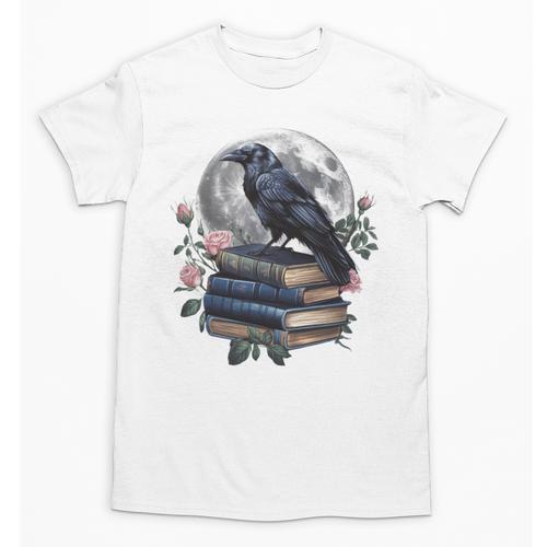 Raven Nature Art Crow Moon Book Cottagecore Botanical Flower Unisex T-Shirt - Bookorys UK