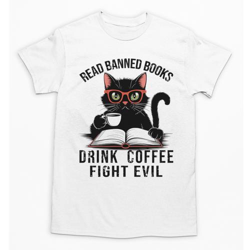 Read Banned Books Drink Coffee Fight Evil Retro Cat Unisex T-Shirt - Bookorys