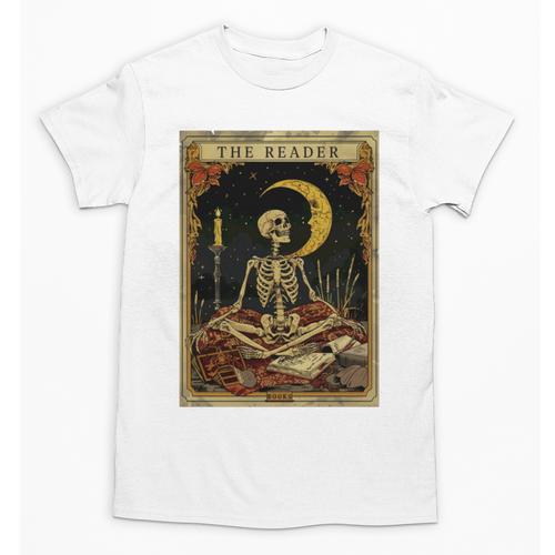 The Reader Tarot Card Book Lover Skeleton Art Goth Style Unisex T-Shirt - Bookorys AU