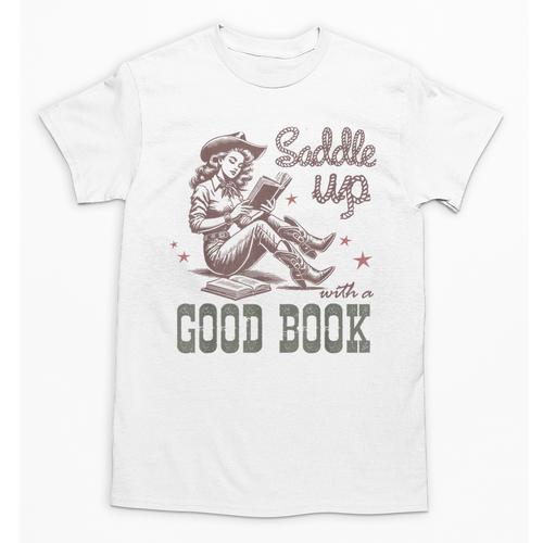 Retro Cowgirl ReadingTee Saddle Up With A Good Book Western Unisex T-Shirt - Bookorys