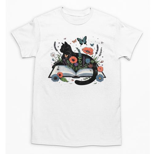 Retro Cute Cat Floral Book Librarian Vintage Floral Cat Book Unisex T-Shirt - Bookorys UK