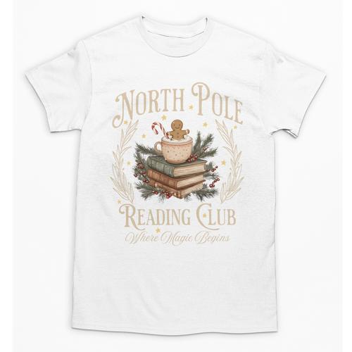 Retro North Pole Reading Club Hot Cocoa Book Lovers Xmas Unisex T-Shirt - Bookorys