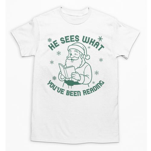 He Sees What You'Ve Been Reading Christmas Bookish Santa Premium Tri-Blend Unisex T-Shirt - Bookorys