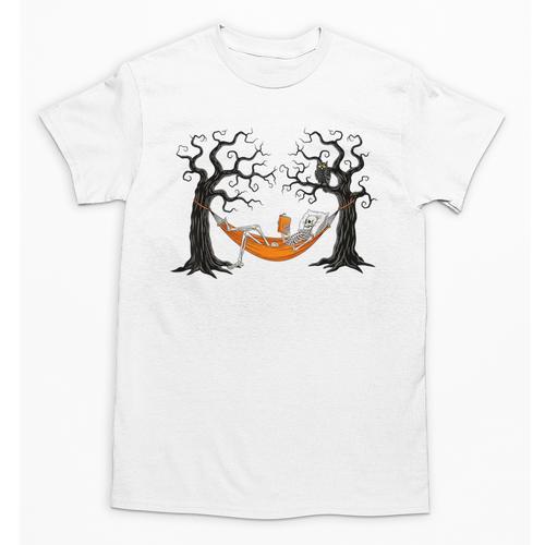 Skeleton Reading Book In Hammock Halloween Reader Unisex T-Shirt - Bookorys AU