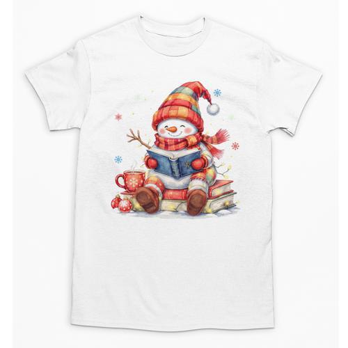 Snowman Reading Books Lovers Christmas Librarian Bookworm Unisex T-Shirt - Bookorys
