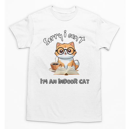 Sorry I Can't Indoor Cat Top For Introvert With Coffee Book Unisex T-Shirt - Raresse