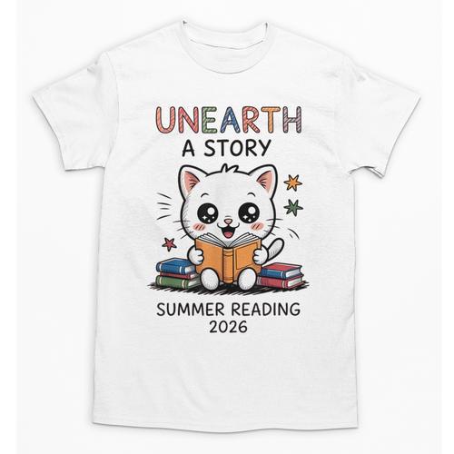 Unearth a Story Cute Kitten Summer Reading 2026 Cat Book Unisex T-Shirt - Bookorys