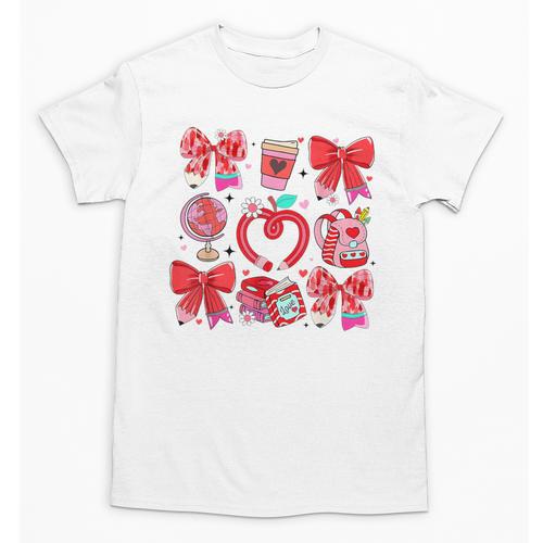 Valentine Teacher Coquette Bow Pencil Heart Book Girl Women Unisex T-Shirt - Bookorys DE