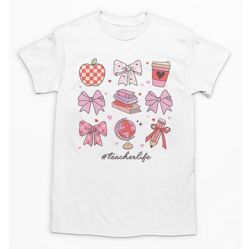 Valentine Teacher Cute Bows Apple Globe Pencil Books Art Unisex T-Shirt - Bookorys